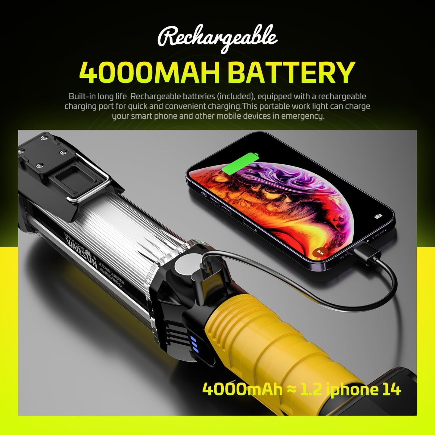 WARSUN Rechargeable COB LED Work Light-Magnetic Hands-Free Trouble Light with Hook, IPX4 Waterproof for Garage Repair, Mens Gifts-Emergency Light Tool for Adults Men Dad (Yellow)