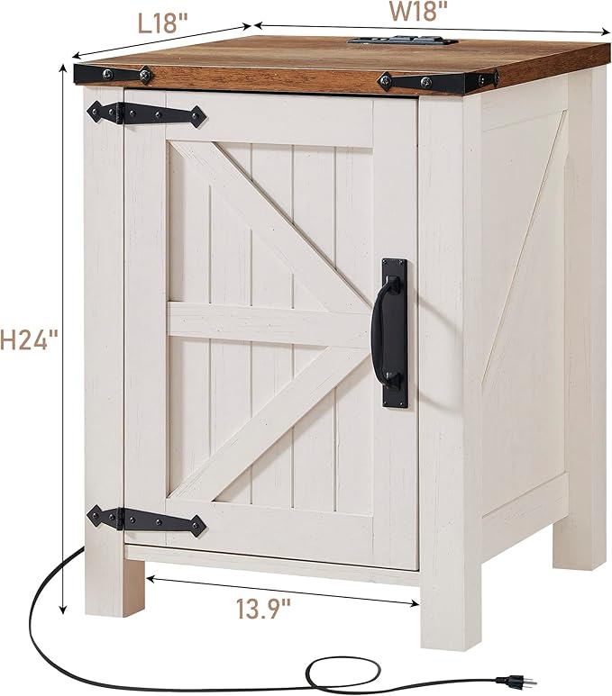 OKD Nightstand with Charging Station, 18 Inch Farmhouse End Table with Barn Door and Adjustable Storage Shelf, Rustic Wood Sofa Side Table w/Magnetic Door for Living Room, Bedroom, Antique White