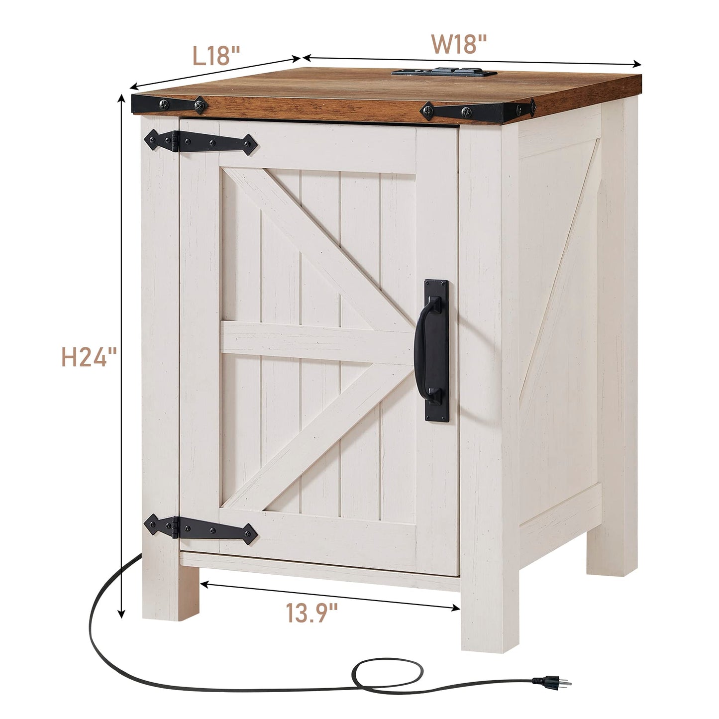 OKD Nightstand with Charging Station, 18 Inch Farmhouse End Table with Barn Door and Adjustable Storage Shelf, Rustic Wood Sofa Side Table w/Magnetic Door for Living Room, Bedroom, Antique White