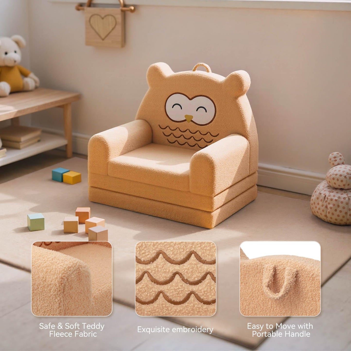 Tivellary Toddler Couch, 3-Fold Convertible Kids Couch with Cute Owl Design, Fold Out Toddler Chair for 1-3 Years Old, Soft Baby Sofa Bed for Playroom, Washable Cover