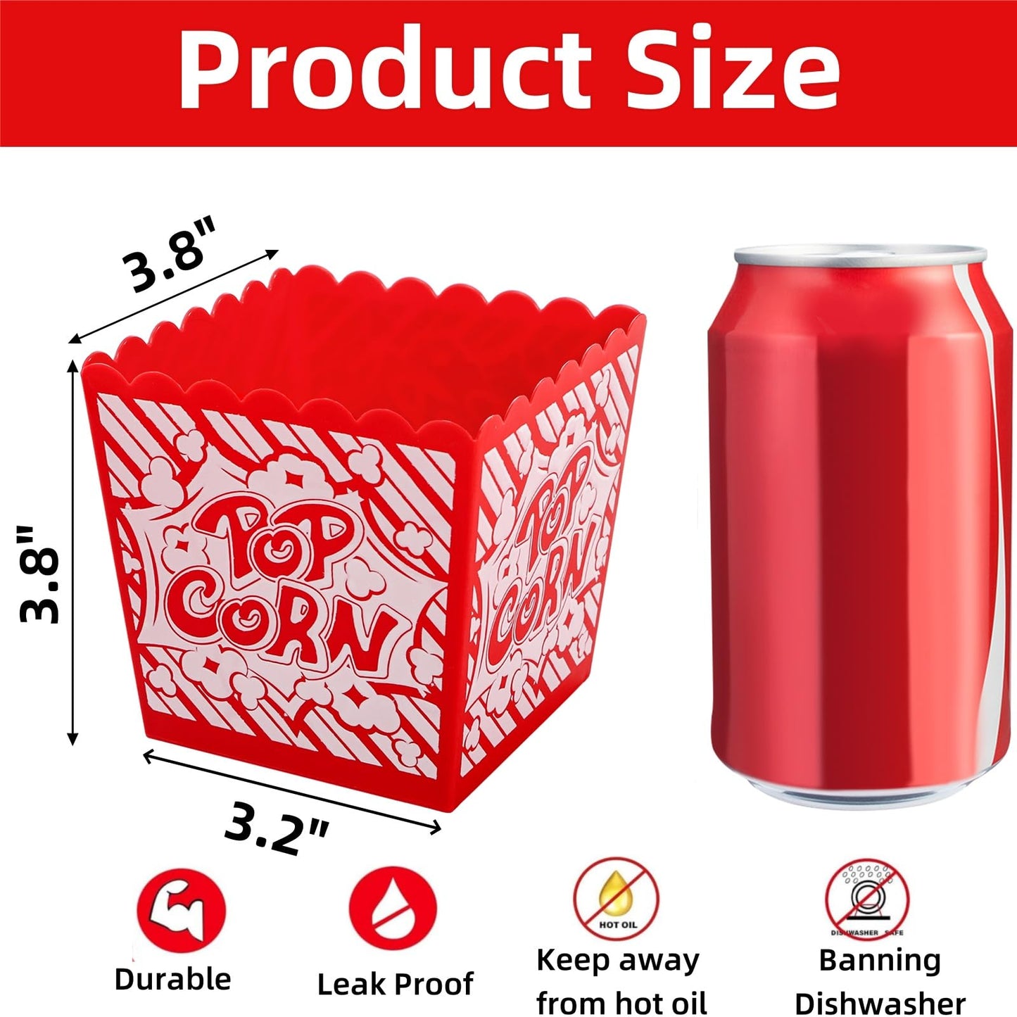 Covzoe 30 Packs Plastic Popcorn Box, Reusable Open-Top Popcorn Containers Bulk, Classic Red & White Striped Snack Bowls Bucket Tub for Movie Night, Party, Square 3.8 x 3.8 Inch