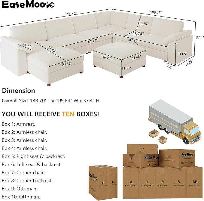 EASE MOOSE Oversized Sectional Modular Sofa，Comfty U Shape Sectional FSC Certified Modern Deep Seat Couch,White Modular Cloud Couch