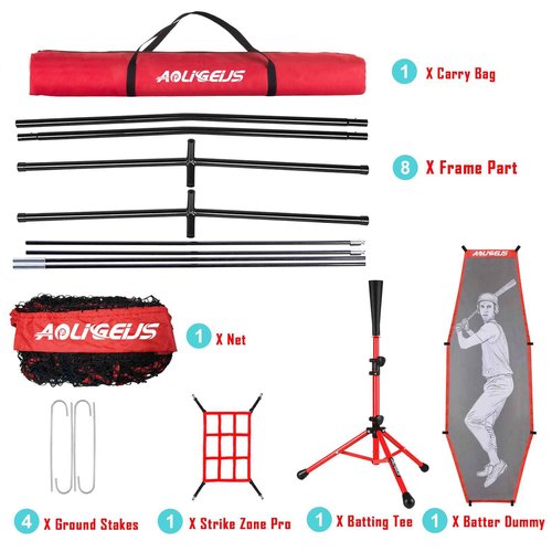 AOLIGEIJS 7'X7' Baseball Softball Practice Net with Tee, Bonus Strike Zone, Bow Frame - Red Net, Tee, Batter Dummy