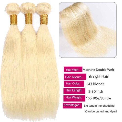 Fabimiya 16 18 20 Inch Bundles Human Hair Blonde 613# Straight Wave Human Hair Bundles Unprocessed Soft Sewn In Hair with Double Weft for Black Women
