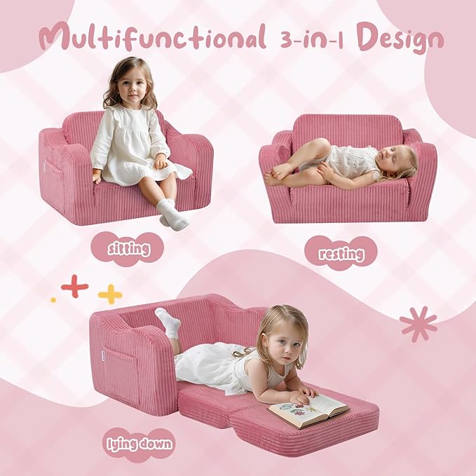 MeMoreCool Toddler Chair & Kids Couch Bed 2‑in‑1 Foldable Lounge Pink (1‑3 yrs) — Convertible Fold‑Out Seat to Sofa Bed for Toddlers, Soft Corduroy Finish, Machine‑Washable Cover, Ideal for Playrooms