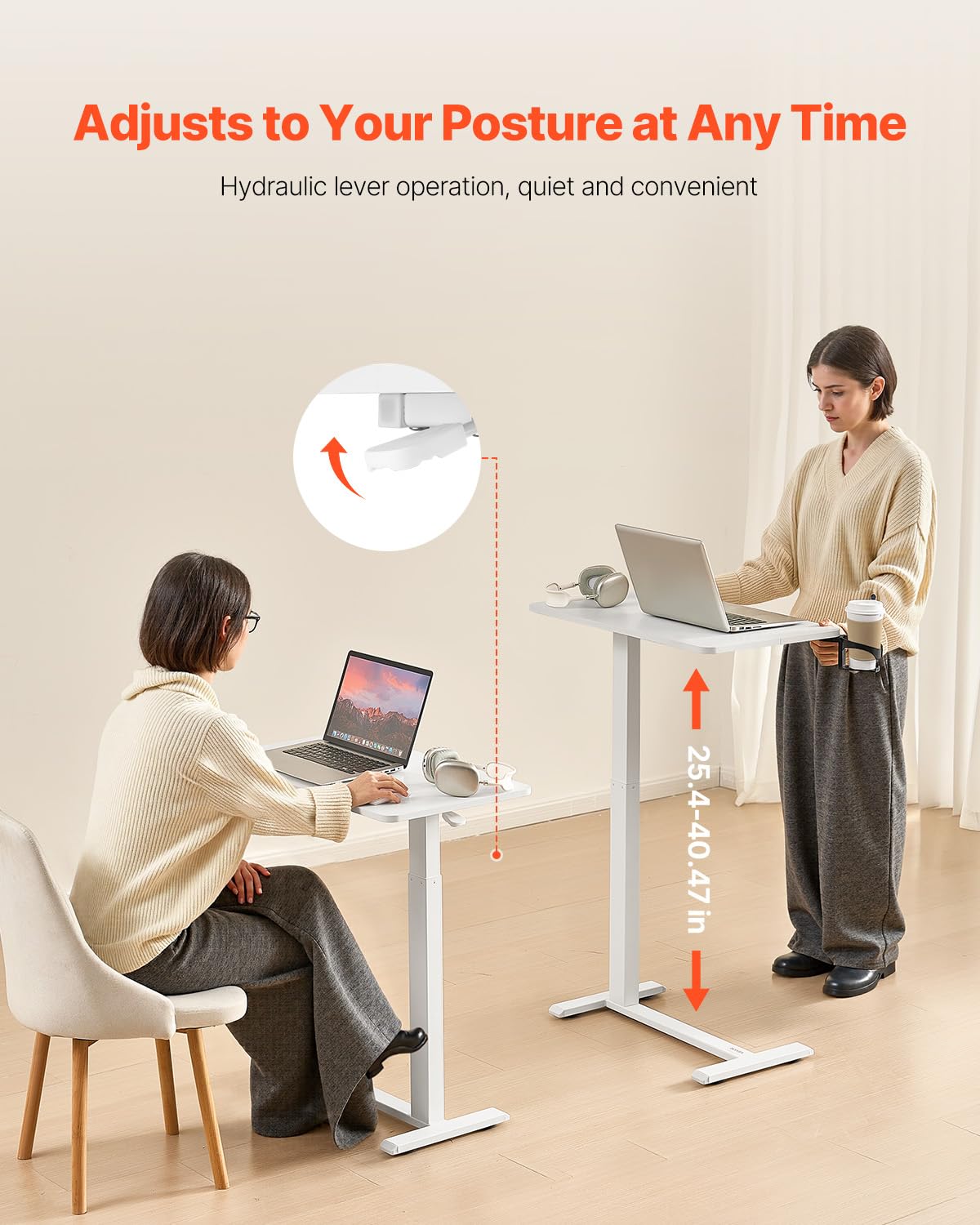 VEVOR Overbed Table, Over Bed Table with Wheels Adjustable Height, Mobile Hospital Bed Table, Rolling Laptop Desk with Fixed Top & Cup Holder, Portable Over Bed Desk for Home, Office, Study, White