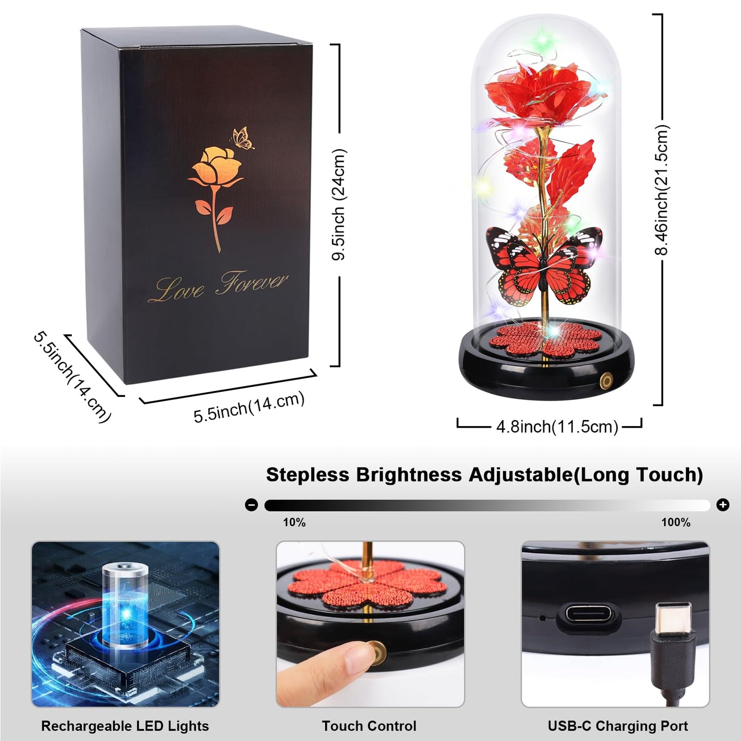 Birthday Gifts for Women Mom, Rechargeable Galaxy Glass Rose Light Up Rose In Glass Dome Forever Crystal Flowers Butterfly Gift Anniversary Christmas Roses Gifts for Her Wife Sister Friends Red