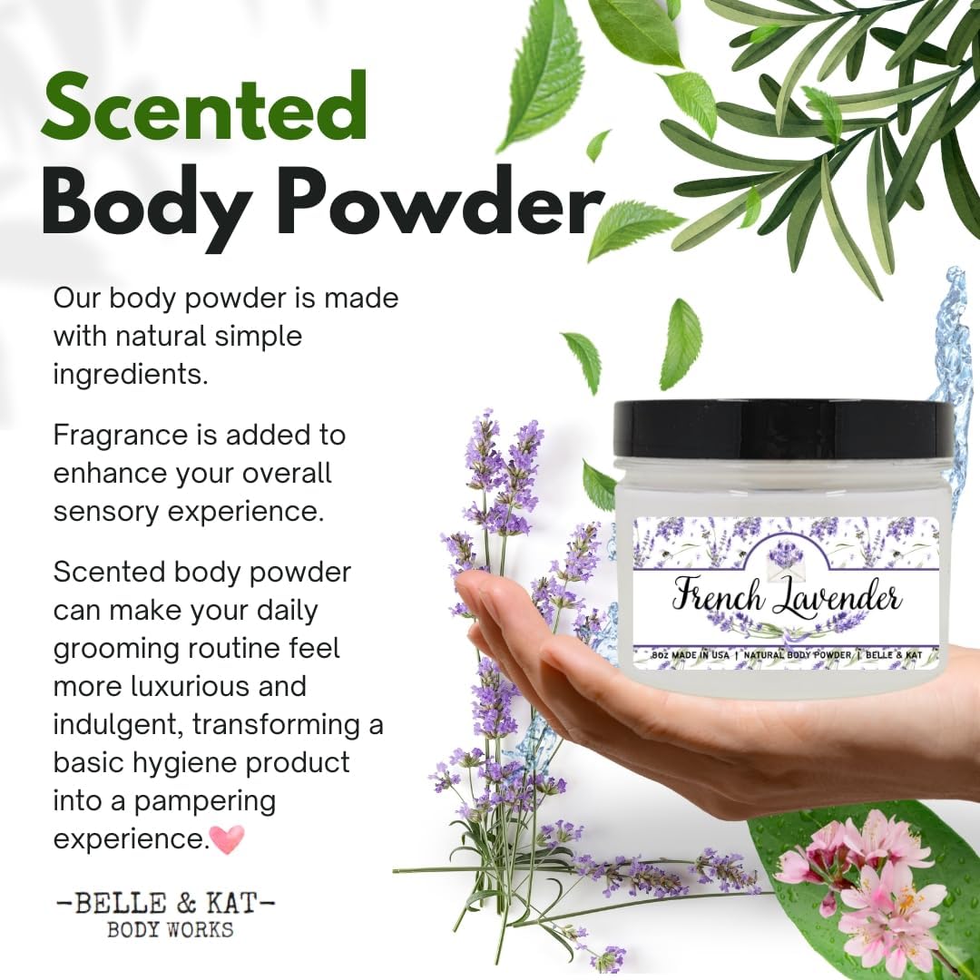 French Lavender Scented Body Powder for Men & Women, Bath Perfume Dusting Powder with Fragrance & Essential Oils, Talc Free 8oz Container, Made in USA
