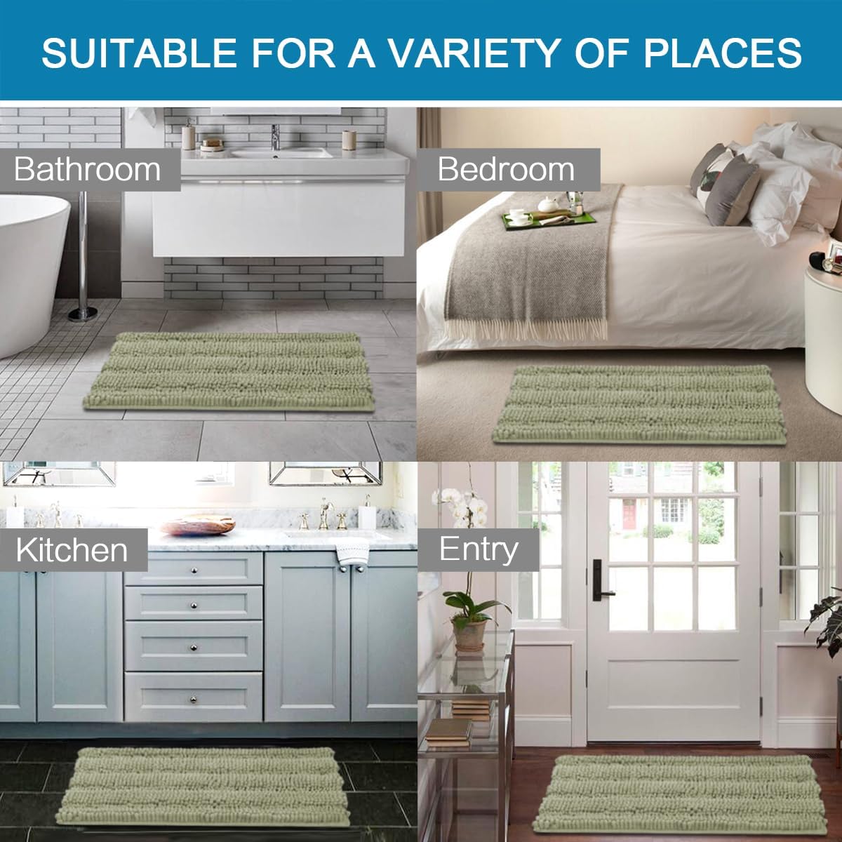 H.VERSAILTEX Bathroom Rug Sets 2 Piece Bath Mats Non Slip Thick Soft Chenille Striped Bath Rug achine Washable Shower Floor Rugs for Tub, Shower and Floor (Eucalyptus Green, 20" x 32"/17" x 24")