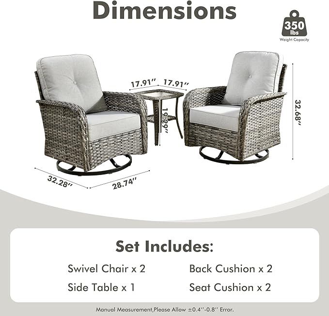 CAODOC 3-Piece Swivel Rocking Rattan Chair Outdoor, Patio Bistro Furniture Conversation Set, Wicker Chair with Coffee Table Grey
