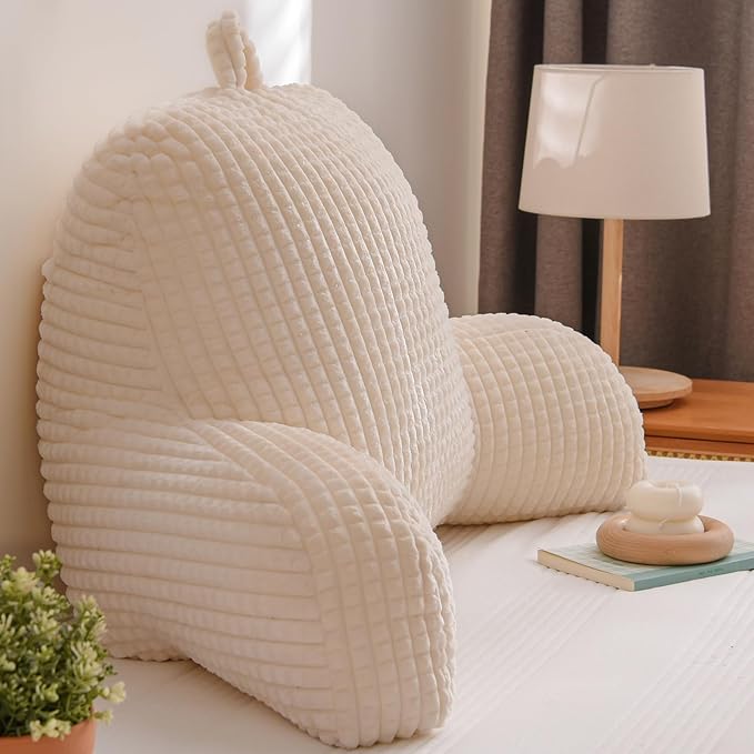 A Nice Night Reading Pillow Bed Wedge Large Adult Children Backrest with Arms Back Support for Sitting Up in Bed/Couch for Lounging Bedrest,Waffle Stereoscopic Design,Ivory