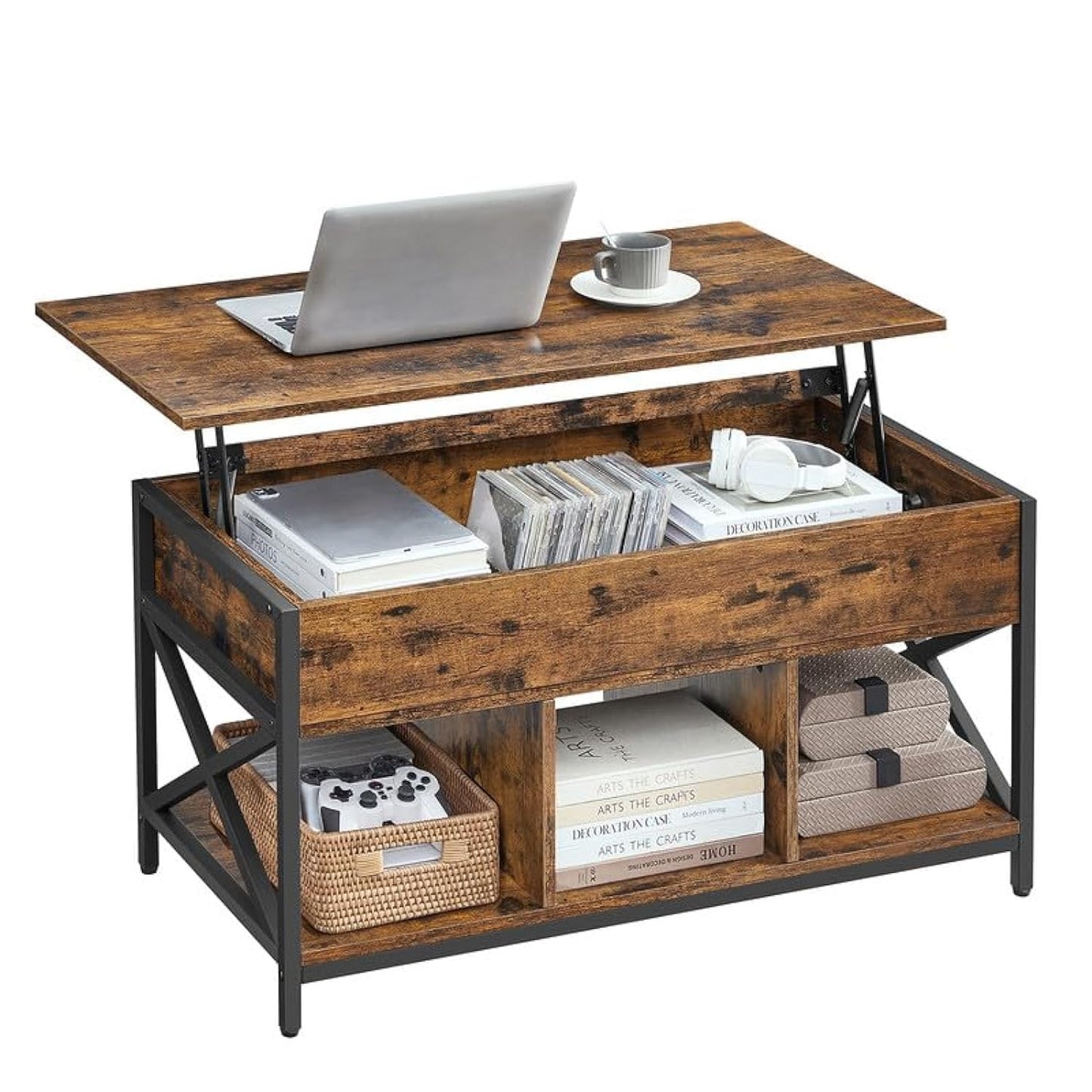 VASAGLE Lift Top Coffee Table, Lift Coffee Table with Storage Shelf, Hidden Compartments and Lifting Top, for Living Room, Office, 19.7 x 39.4 x (19.3-24.4) Inches, Rustic Brown and Black ULCT202B01