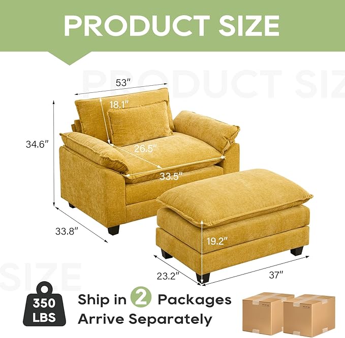Oprisen 53" Modular Sectional Sofa, Comfy Cloud Couch Sectional Sofa with Ottoman, Chenille Sofa Sleeper Deep Seat Sofa with Throw Pillows for Living Room (Yellow)