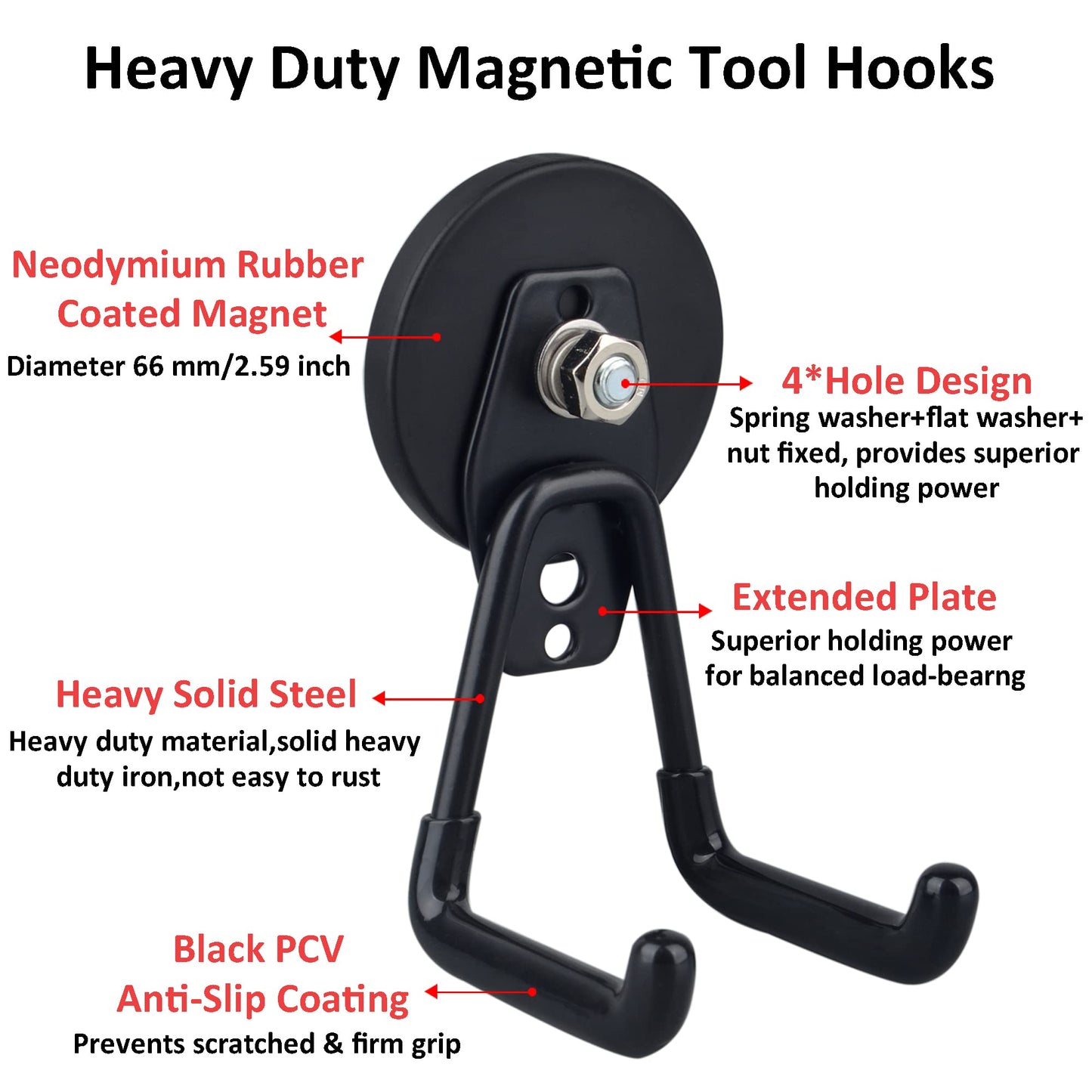 ULIBERMAGNET Large Magnetic Hooks,Strong Heavy Duty Magnet Hooks for Power Drill,Broom,Garden Tools,Pegboard,Garage,Workshop,Hardware, 2 Pack Magnet Storage Holder for Indoor Outdoor Hanging(Black)