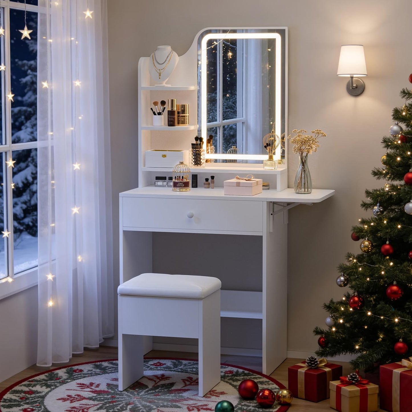 FUXA Small Vanity with Chair, Makeup Vanity Desk with LED Mirror and 3 Light Modes, Girls Vanity Set with Charging Station, Compact Vanity Table with Foldable Top for Small Spaces, White