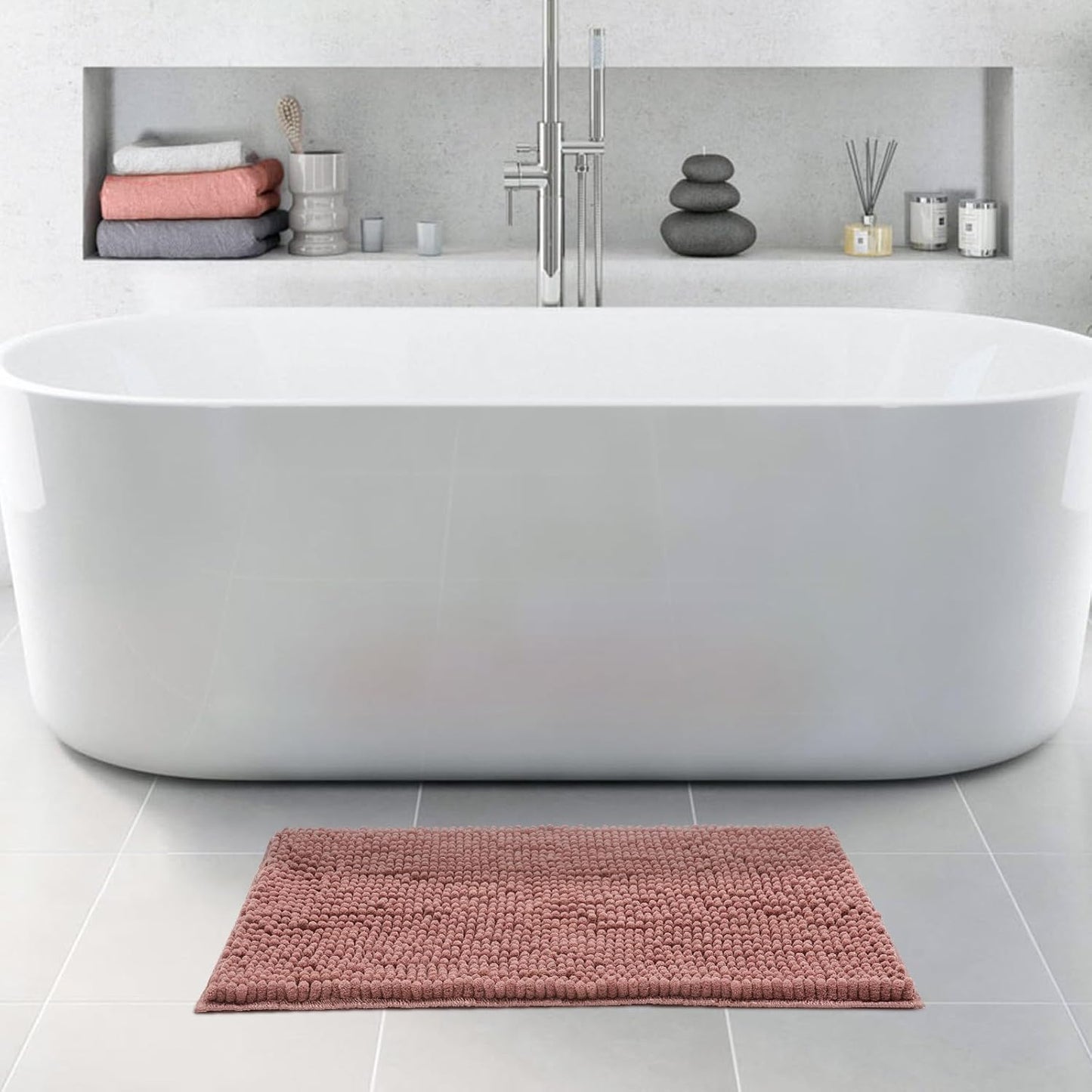FRESHMINT Chenille Bathroom Rugs Mat 32"x20", Non-Slip Bath Mat for Bathroom Floor & BathTub, Washable Soft Shower Shag Bath Rugs, Durable Fluffy Thick Water Absorbent Microfiber Shower Mat, Rust Pink
