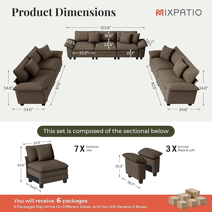 MIXPATIO Cloud Couch Sectional Sofa Set, Plush 24.4-Inch Deep 7-Seat Sectional with Velvety Chenille & Removable Arms for Living Room and Apartment, Taupe