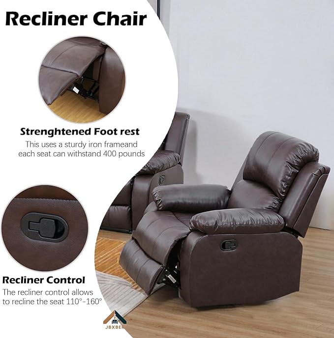 JBXBER Manual Recliner Sofa Set for Living Room, Leather Reclining Sofa Sets, Faux Leather Couch Set with Cup Holders, Drop-Down Table and Storage Console(3 Piece Set,Brown)