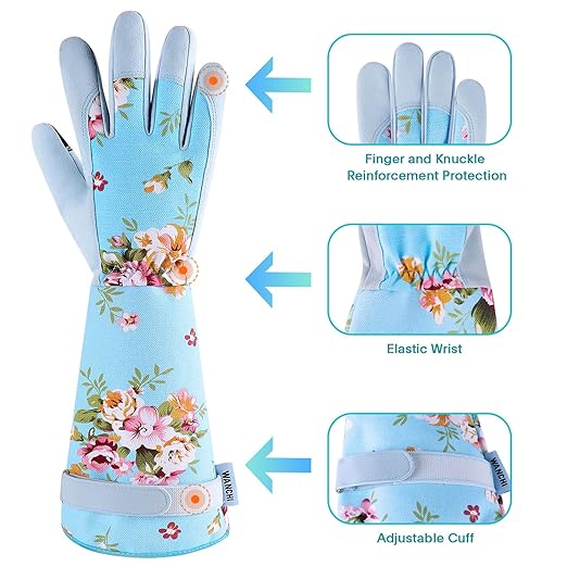 Women's Long Arm Gardening Gloves, Flexible Hand Protection, Ergonomic Design for Digging, Trimming & Garden Maintenance, Blue Large