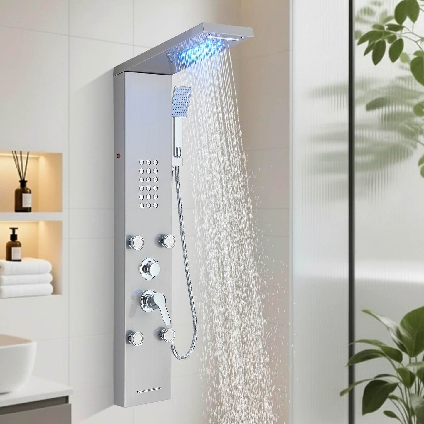 Fuz LED Shower Panel Tower System, 5 Function Stainless Steel Brushed Nickel Shower Tower with Rainfall Shower Head and Handheld, 4 Body Jets and Waterfall Tub Spout, High Pressure Shower Column