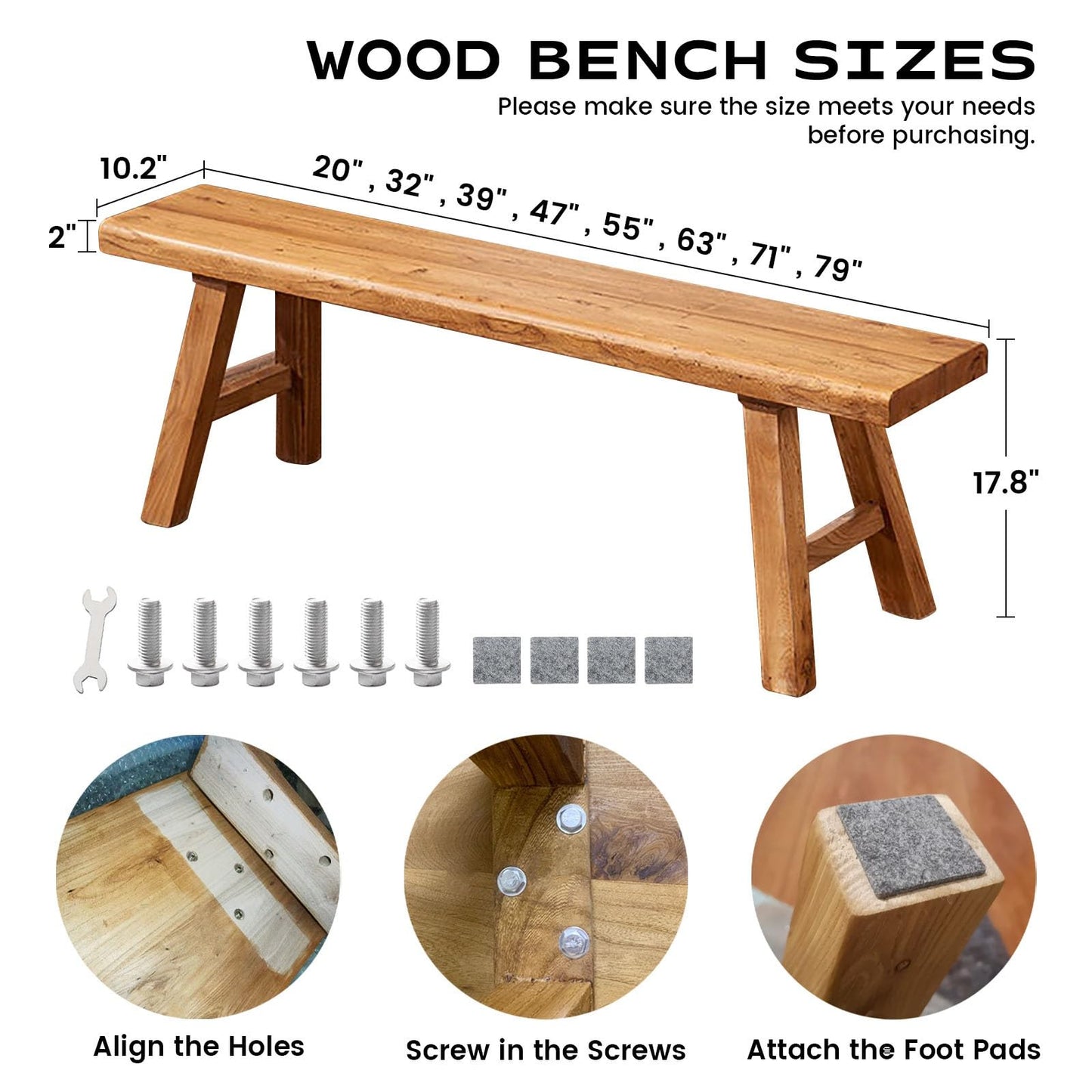 Narrow Entryway Bench Farmhouse Wood End of Bed Bench 20" 32" 39" 47" 55" 63" 71" 79" Sturdy Stable Skinny Long Benchs for Bedroom Hallway Dining Room Porch Easy to Assemble Natural Finish(55")