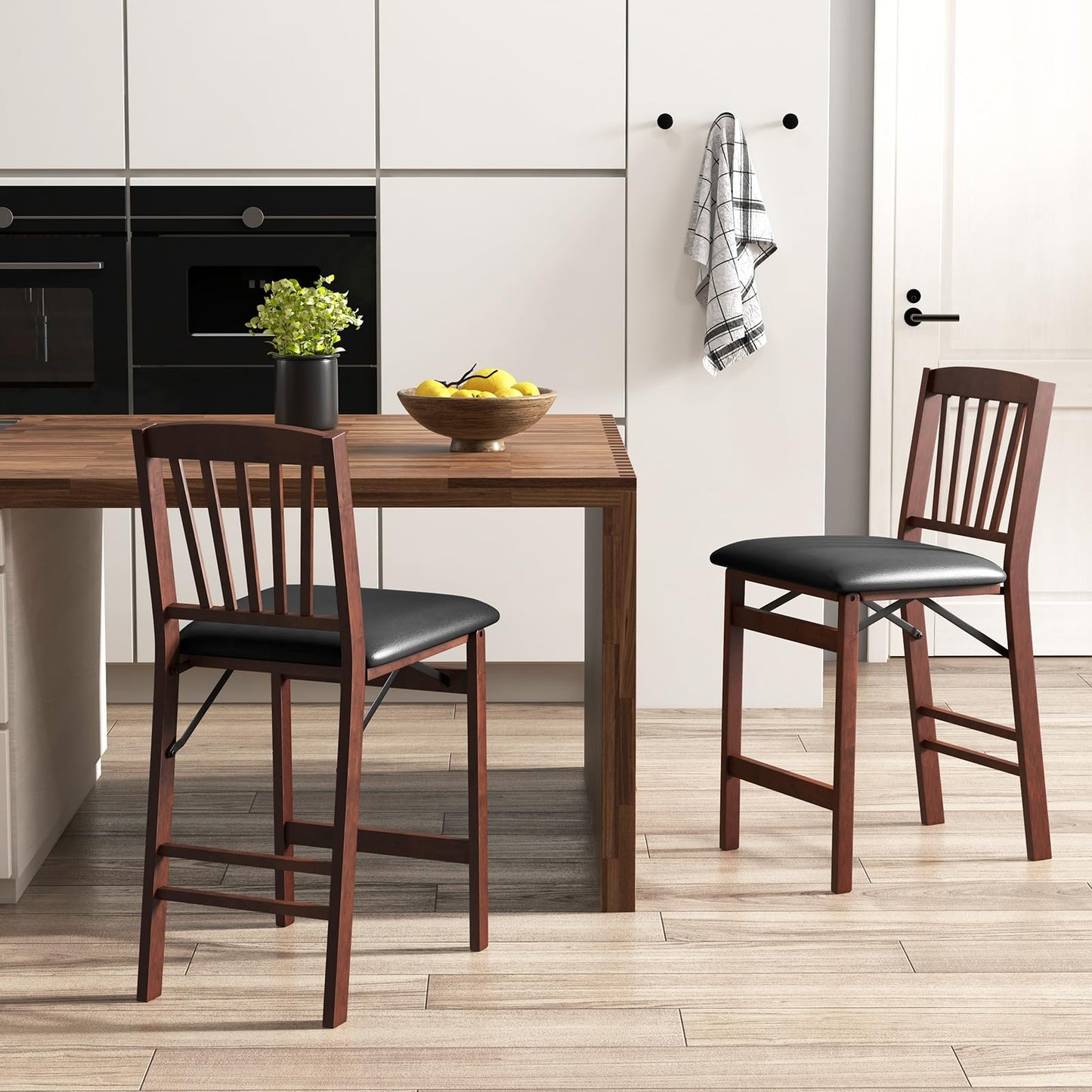 COSTWAY Set of 2 Counter Height Chairs, 24.5" Bar Stools Set, Folding Kitchen Island Stool with Padded Seat, Footrest & Rubber Wood Legs, No Assembly Needed, Portable Bar Chair for Dining Room