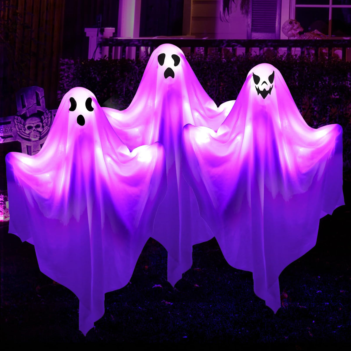[8Light-Modes] Sets of 3 Halloween Ghost Light Stakes, Flying Ghost Halloween Decorations, LED Lighted Ghost Yard Stakes Outdoor Scary Hanging Ornament for Lawn, Yard, Patio, Haunted House