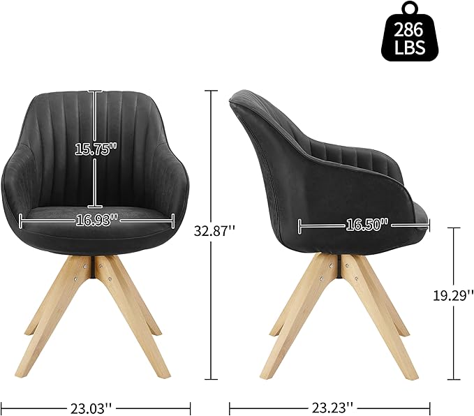 Art Leon Dining Chair, Mid Century Modern Faux Leather Upholstered Swivel Dining Room Chair with Oak Wood Legs, Leisure Side Chair with Arms for Living Room, Black