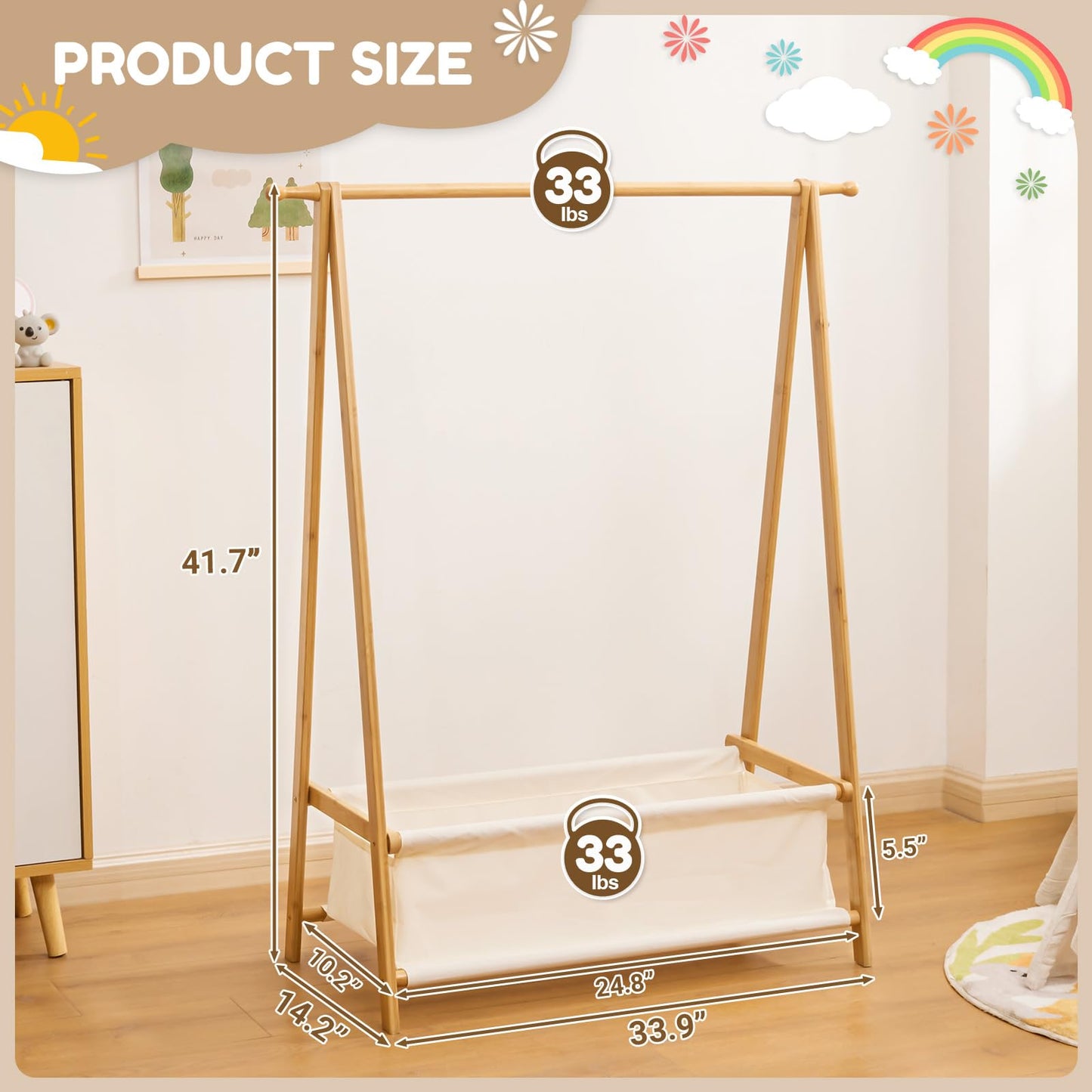 Cozivolife Kids Clothing Rack with Storage Box, Dress up Holder, Child Garment Stand with Hanging Rods, Small and Foldable, Bamboo (Natural)