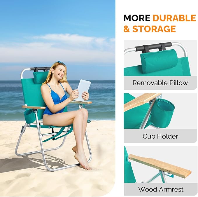 VINGLI Aluminum Backpack Beach Chair – Tall Beach Chairs for Adults, Portable with Adjustable Straps, 3-Position Reclining, Cup Holder, 2 Pillow,High Lightweight Beach Chairs (Green, 17" High)