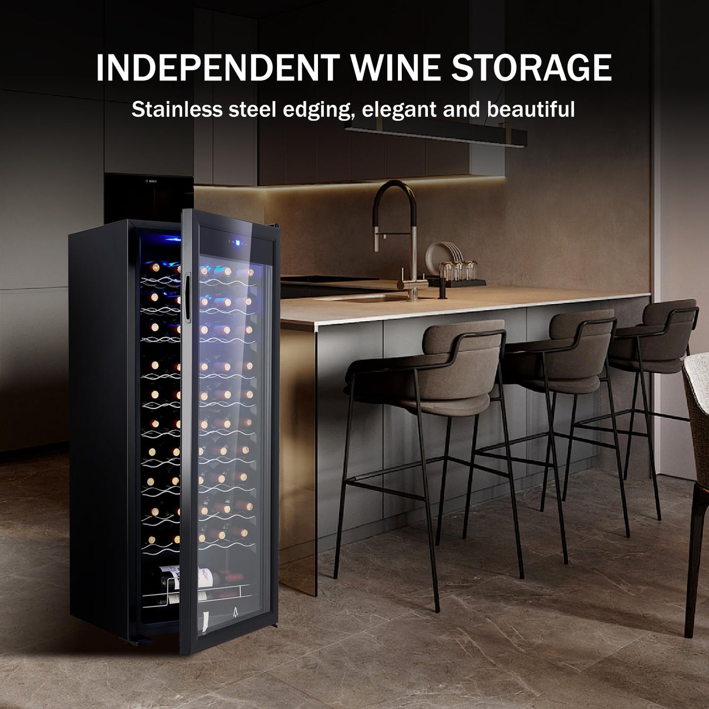 15 Inch Wine Cooler Refrigerator, 55 Bottle Single Zone Freestanding Wine Fridge with Glass Door, Digital Temp Control, Adjustable Shelves, Fast Cooling Compressor, 110V/60Hz for Home Bar Kitchen