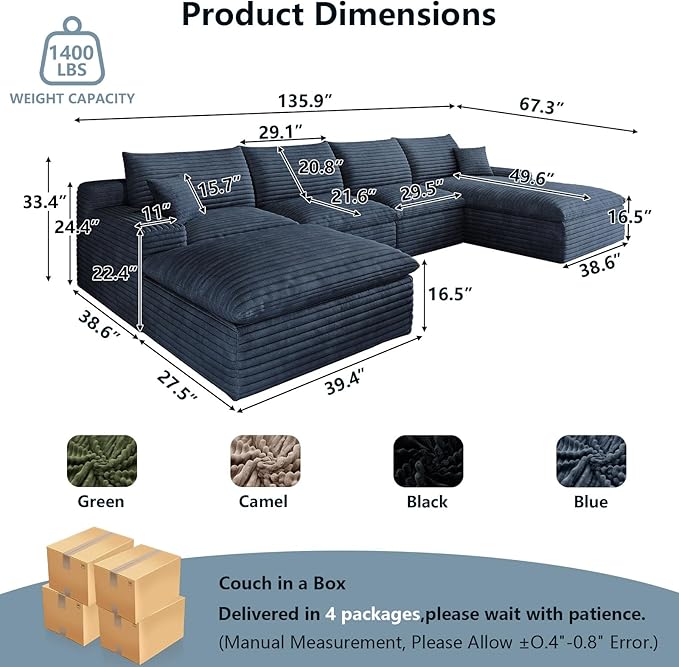136" Cloud Sectional Couch U-Shaped Chaise with Ottoman, Corduroy Boneless Couch for Living Room Bedroom, Deep-Seat Upholstered Modular Cloud Sofa, No Assembly Required (Blue, Right Facing Chaise)