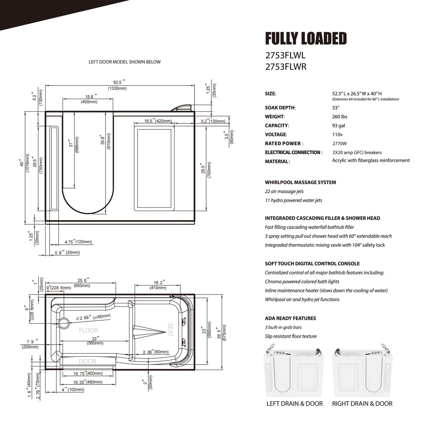 ANZZI Walk In Tub 53" x 27" Right-Drain Bathtub, Air & Whirlpool Massage Jets, Quick Fill with 6?Setting Handheld Shower, Aromatherapy, Bath Pillow, LED Light | 2753FLWR