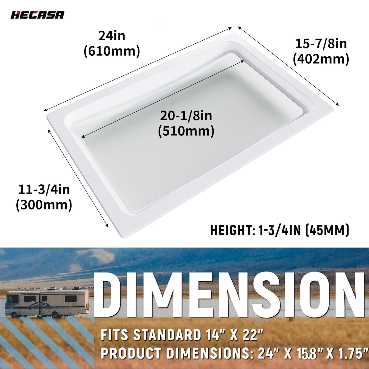 HECASA RV Skylight Inner Dome for 14" x 22" Opening Bathroom Skylight Replacement Cover w/Clear Window White Plastic