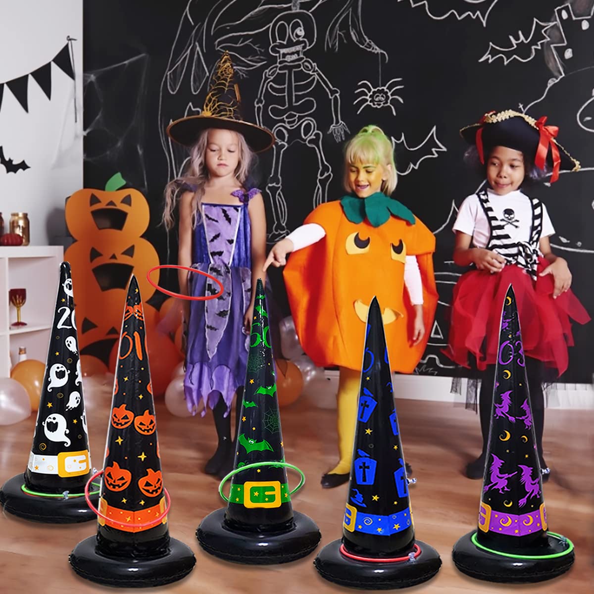 Poptrend 5PK Halloween Inflatable Witch Hat Ring Toss Game With Air Pump - Games Toys for Kids Adults, Decorations