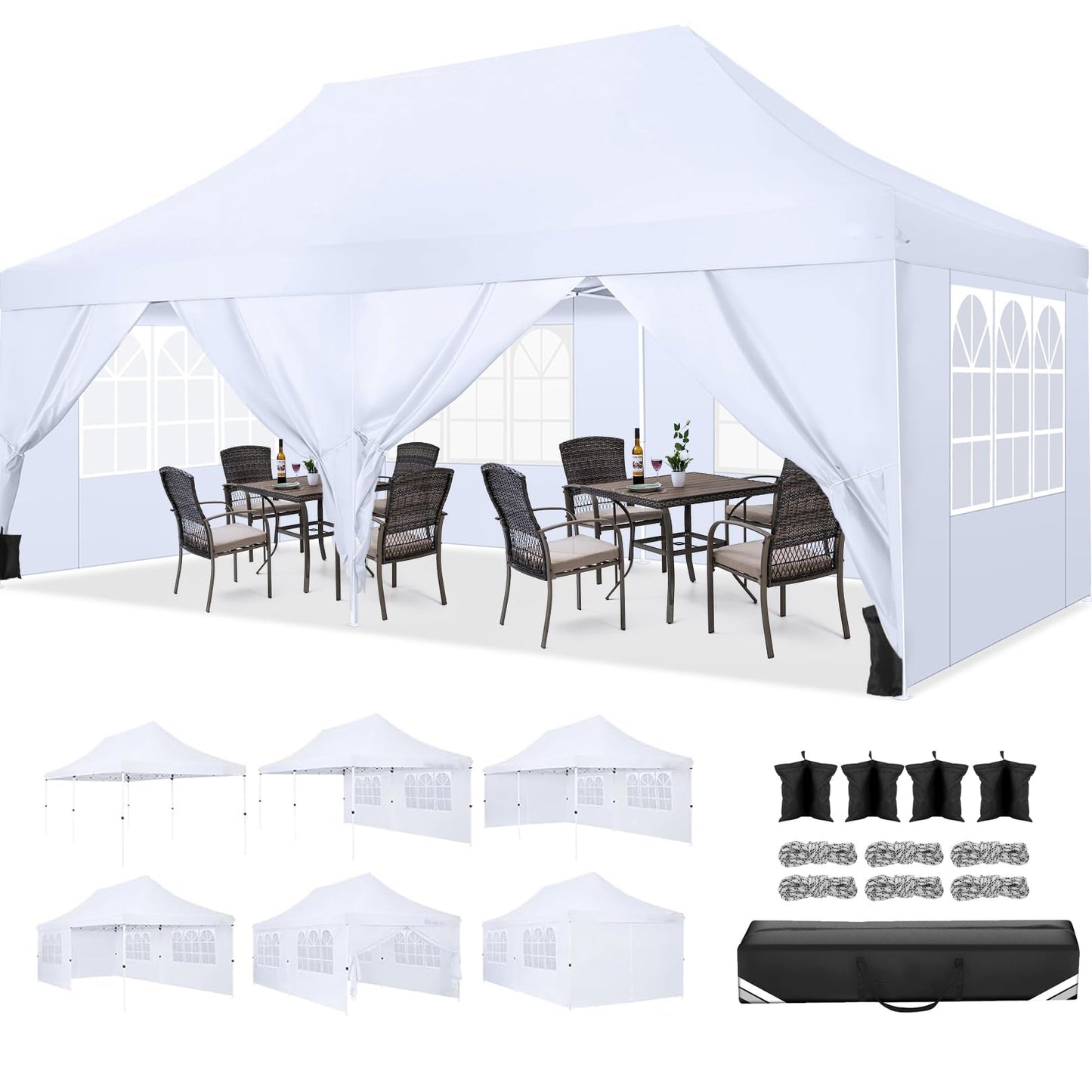 COBIZI Canopy 10x20 Pop Up Canopy Tent with 6 Sidewalls, Waterproof Commercial Canopy Ez Outdoor Instant Gazebo UV Protection 50+ Event Shelter, Garden Tents for Parties with Sandbags, White