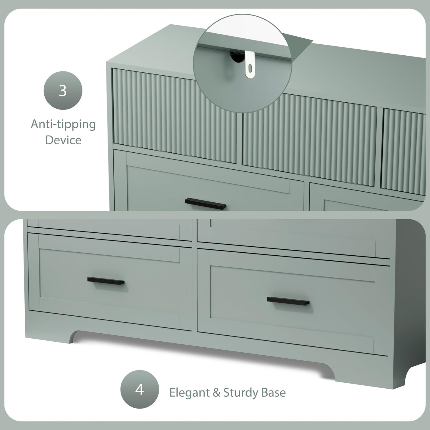 UEV Fluted Dresser for Bedroom with 7 Drawers, 47" Modern Chest of Drawers with Metal Handle, Wood TV Stand, Closet Storage Organizer for Living Room, Hallway, Green