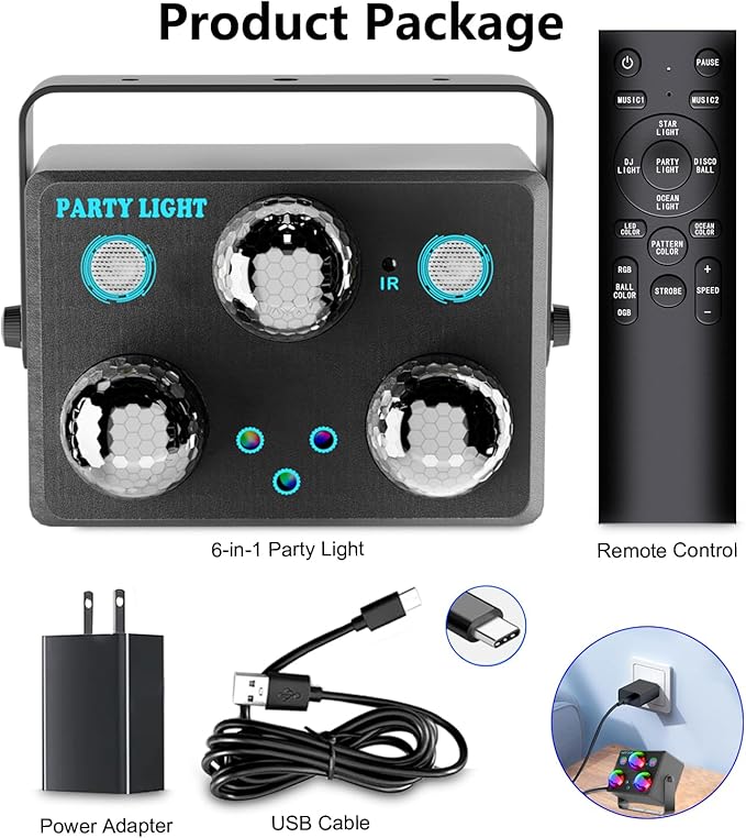 Party Lights,Disco DJ Strobe Light Stage Disco Ball Projector Effect Rave Dance Club Light Sound Activated with Remote Control for Parties Home Show KTV Pub Dance Karaoke Christmas