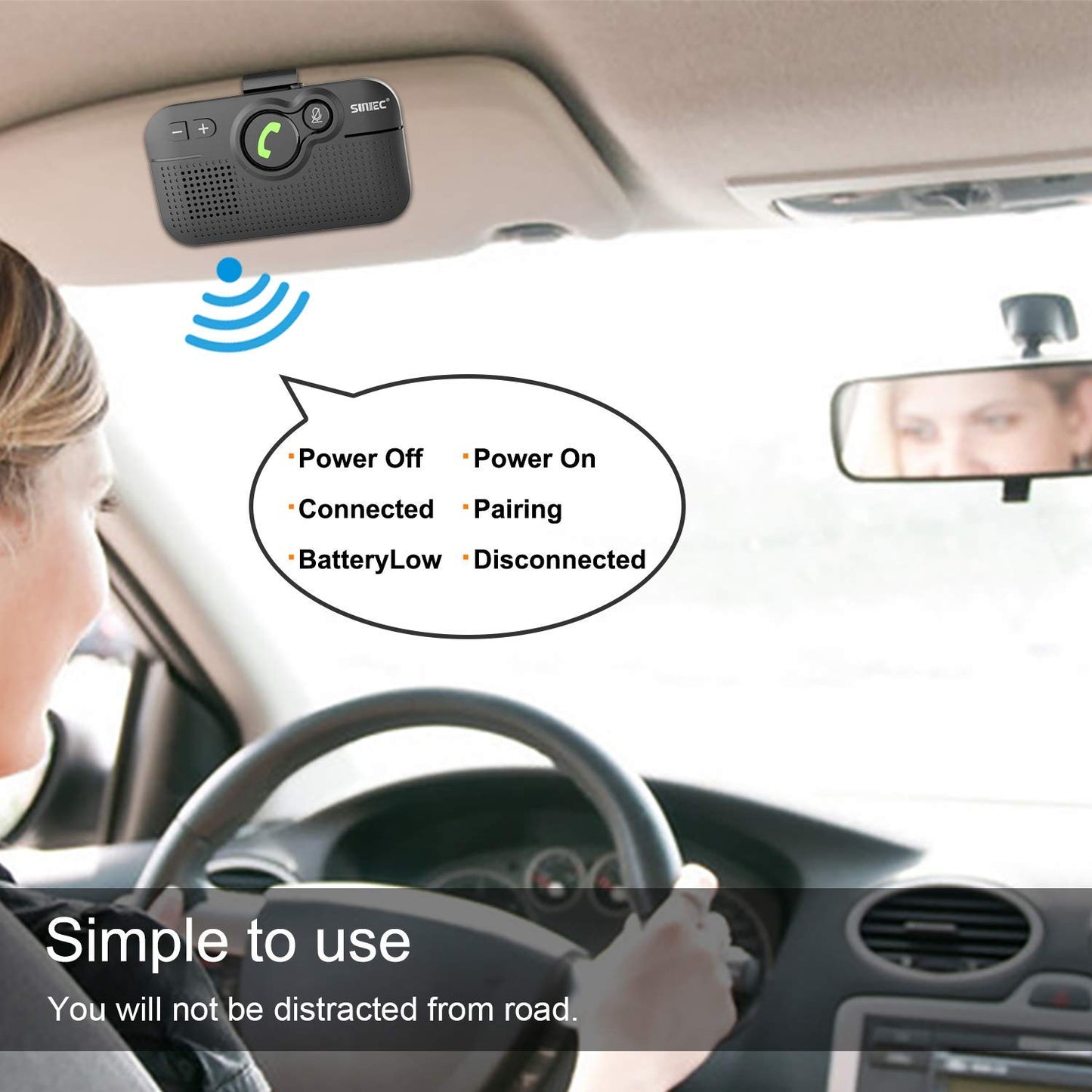 SUNITEC Bluetooth Car Speaker for Cell Phone, Handsfree Bluetooth Car Kit Motion AUTO ON Off Support Siri Voice Assistant Handsfree Speakerphone with Visor Clip - BC980P