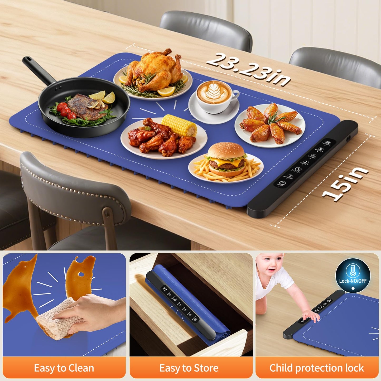 Warming Mat for Food, Silicone Electric Warming Tray with 4 Adjustable Temps & Timer, Food Warming Mat for Countertop, Foldable Portable Food Warmer Mat for Buffets, Parties, Kitchen, Family