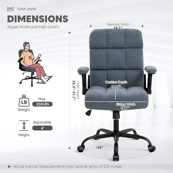 SEATZONE Blue Office Chair with Wheels,Ergonomic Home Office Computer Chair with Flip-up Armrest,Comfy Adjustable Rolling Chair Teddy Fleece