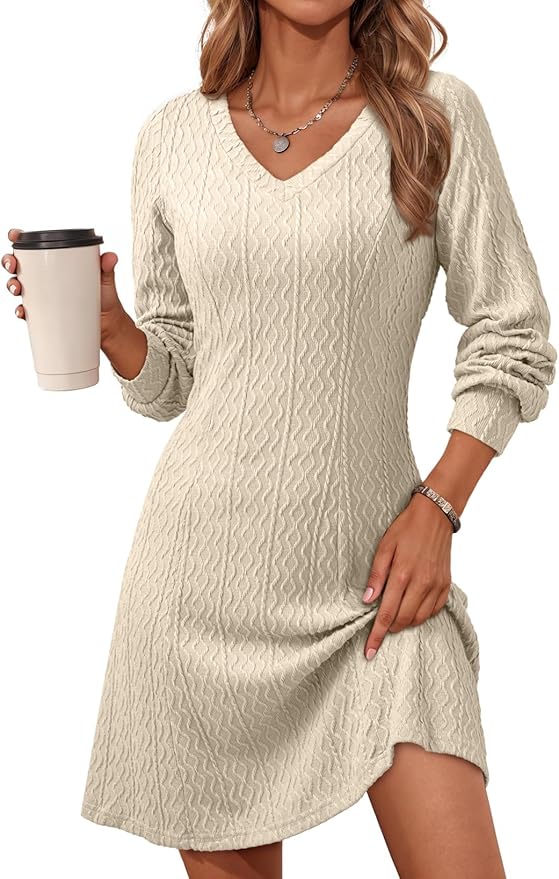 Dokotoo Winter Dresses for Women Trendy V Neck Knit A Line Long Sleeve Dress Sweater Dress