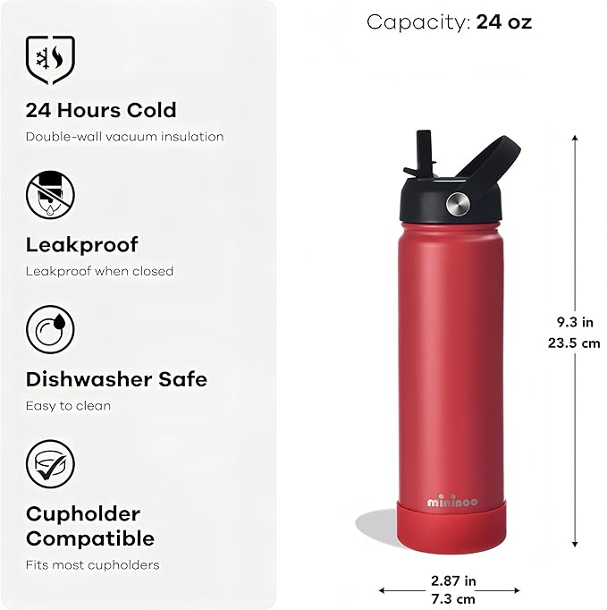 Insulated Stainless Steel Water Bottle with Straw, Ceramic-Lined, BPA-Free & Leak-Proof, 24 oz, Red