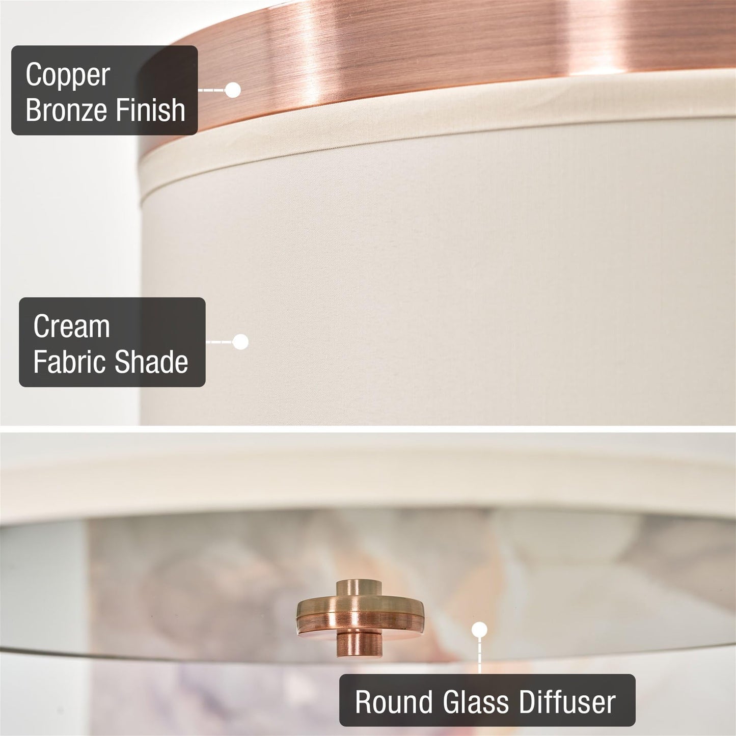Kira Home Walker 15" Mid-Century Modern 3-Light Flush Mount Ceiling Light, Cream Fabric Shade + Round Glass Diffuser, Copper Bronze Finish