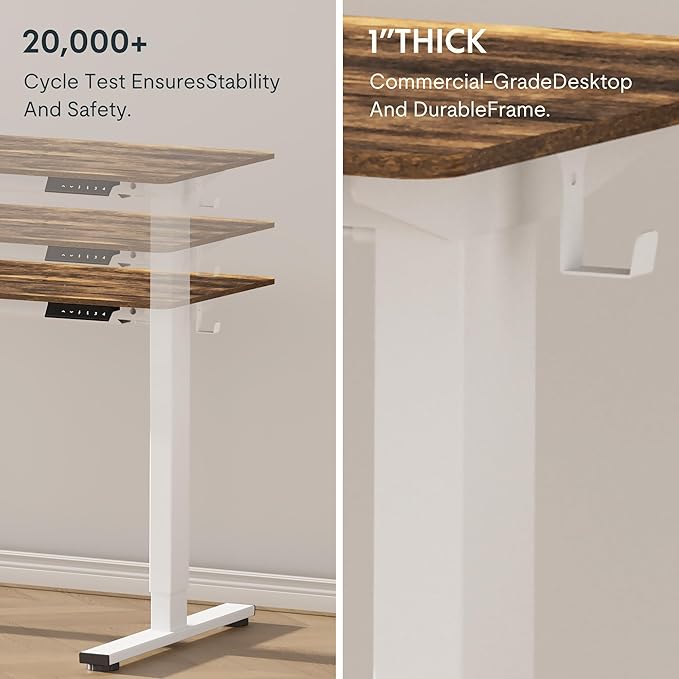 FLEXISPOT EN1 One-Piece 55 x 28 Inches Electric Stand Up Desk Workstation Home Office Computer Standing Table Height Adjustable Desk (White Frame + Rustic Top, 2 Packages)