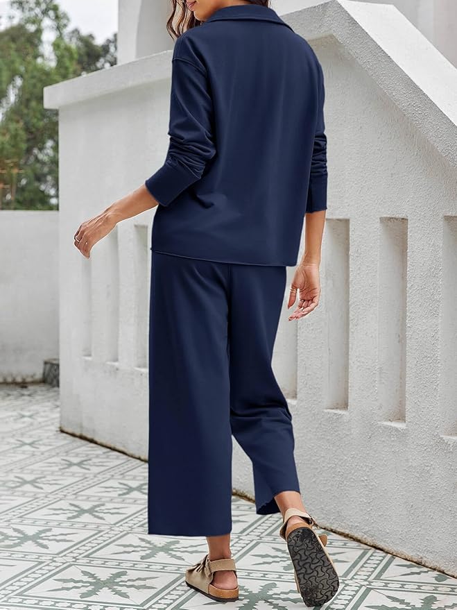 Imily Bela Womens 2 Piece Outfits Sweatsuit Long Sleeve Lapel V Neck Shirt and Wide Leg Pants 2025 Fall Trendy Tracksuit