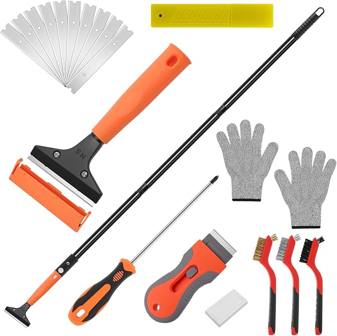 Floor Scraper Long Handle, 20 Floor Scraper Blades 4 Inch, 3 Pcs Wire Brush 1 Pcs Razor Blade Scraper Tool for Deep Cleaning Glass Wall Gum Paint Tile Glue Linoleum