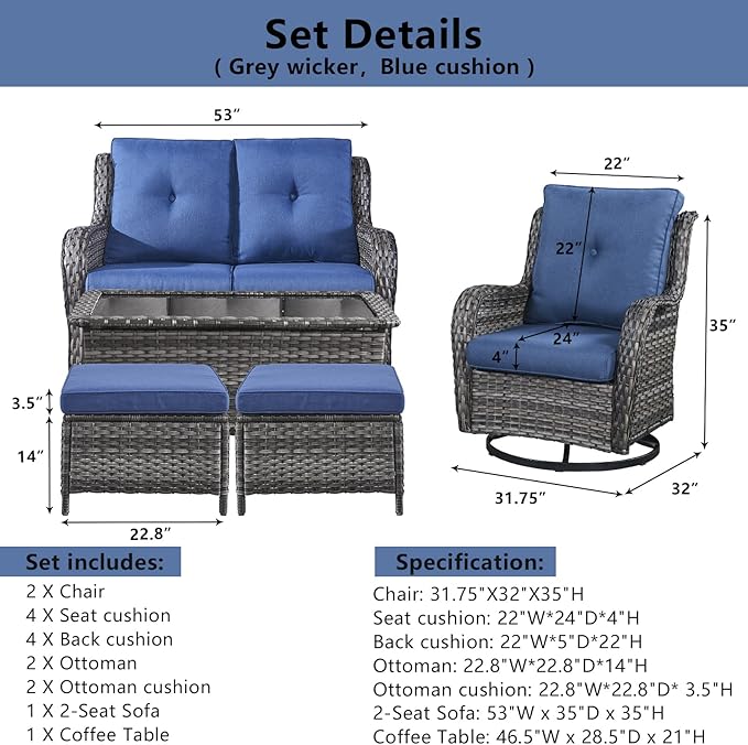 Belord Wicker Outdoor Furniture Patio Furniture Set - 6 Piece Patio Conversation Set with Swivel Rocker Chairs, Loveseat Sofa, Ottomans and Coffee Table, Blue Cushion