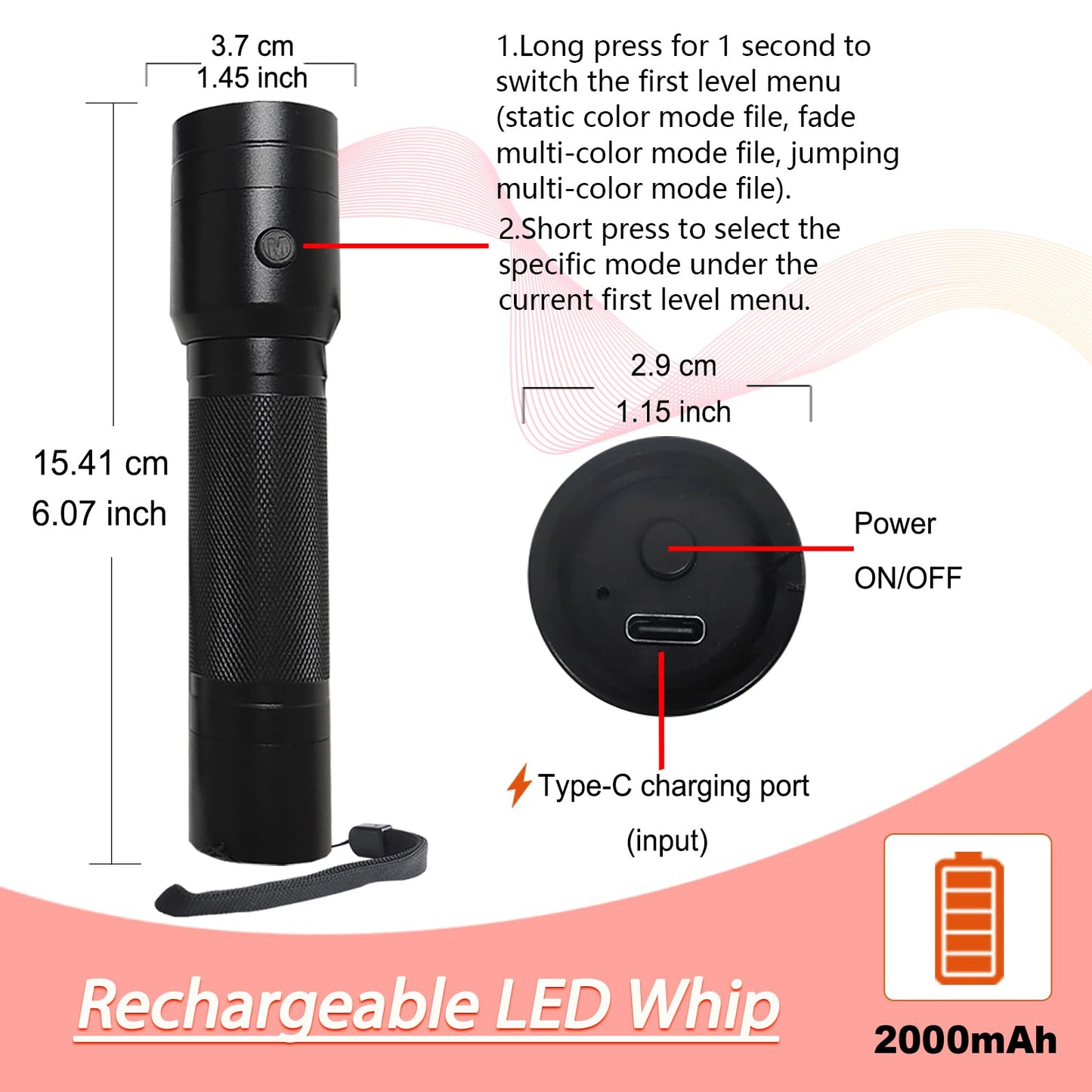 CHINLY LED Whip Lights, Fiber Optic Whip for Dancing, with 40 Color Effect Mode, APP Control and 360°Swivel, Rechargeable Rave Light for Parties, Light Shows, Unique Gifts for Girlfriend,Girl,Wife