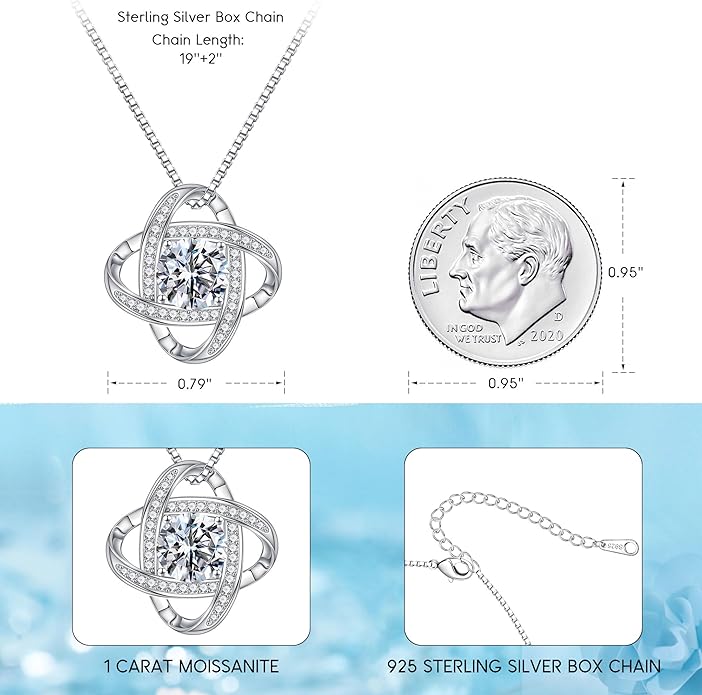 MOOSEA Love Knot Moissanite Necklace for Women, 1-3 ct D Color VVS1 Clarity Lab Created Moissanite 925 Sterling Silver Necklace, Anniversary Birthday Gifts for Women Wife Mom Girlfriend Jewelry Gifts